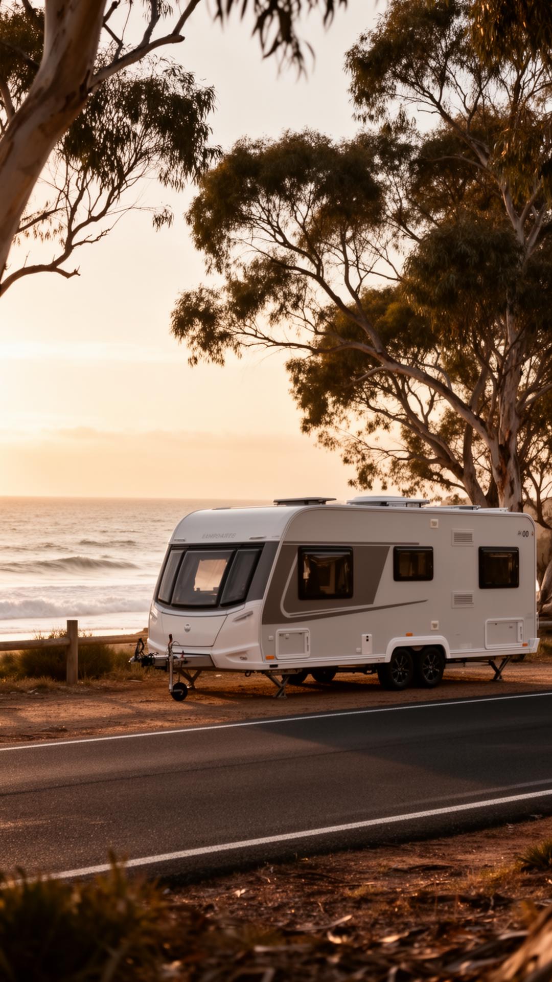 Caravan parked at sunset on an Australian coastal road